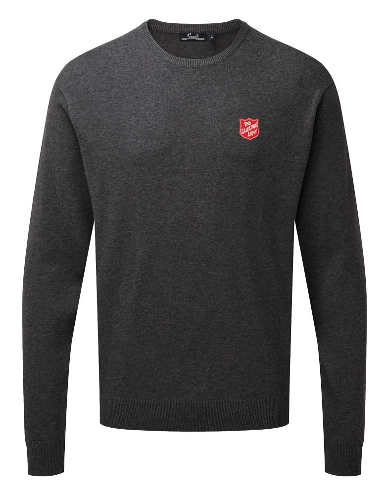 Mens Crew Neck Pullover with Red Shield - Grey