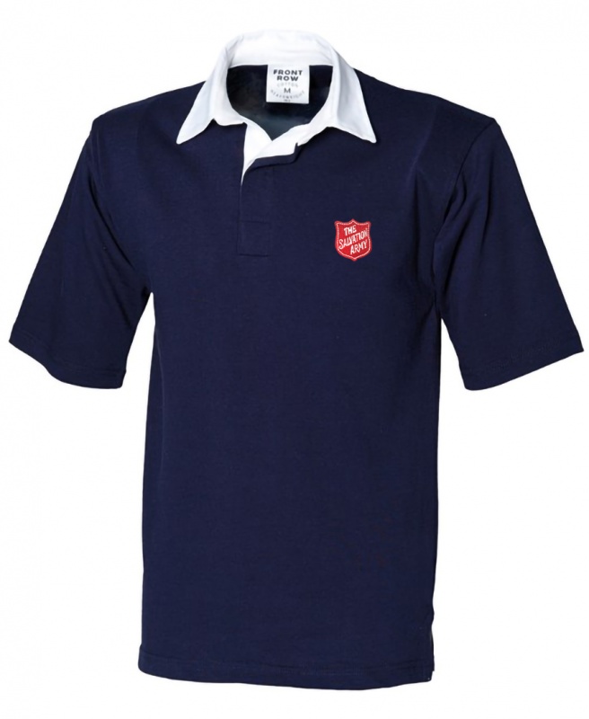 Unisex Short Sleeve Rugby Shirt Navy/White with Red Shield Logo