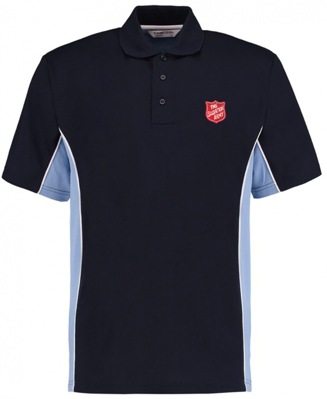Unisex Track Polo Shirt Navy/Light Blue with Red Shield Logo