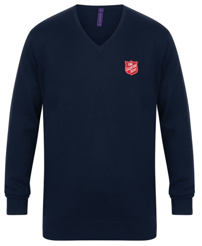 Men's Lightweight V-Neck Navy Pullover with Red Shield Logo