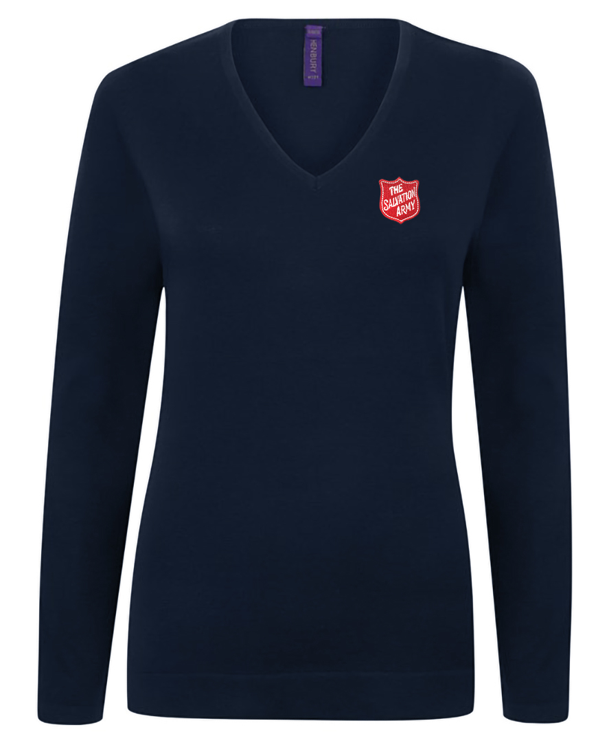Ladies Lightweight V-Neck Navy Pullover with Red Shield Logo