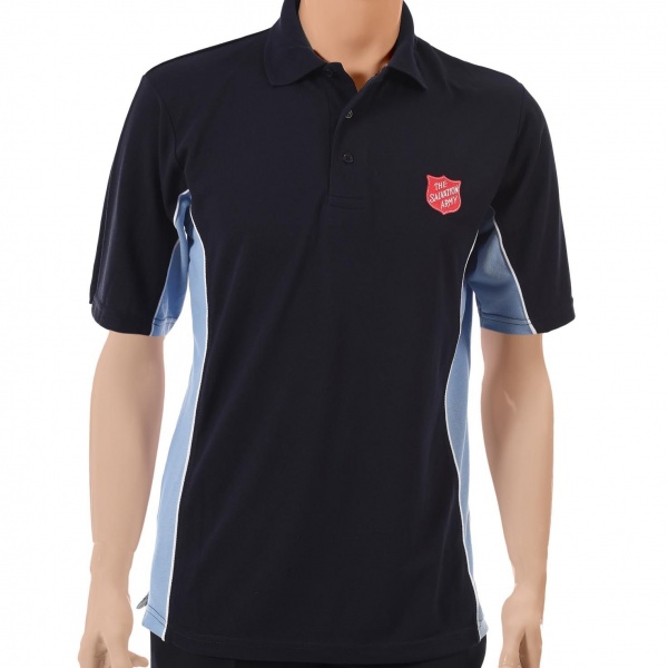 Unisex Track Polo Shirt Navy/Light Blue with Red Shield Logo